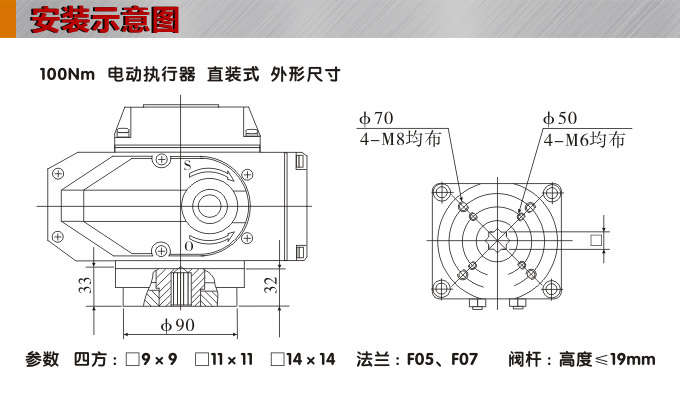 電動執行器,電動頭,YTDG-RS100電動執行機構安裝示意圖