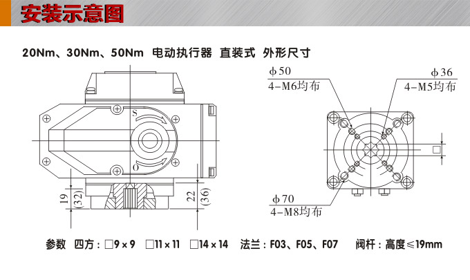 電動執行機構,YTDG-RKB50電動執行器,電動頭安裝示意圖