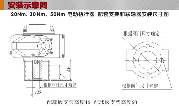 智能電動執行器,YTDZ-RS50智能電動執行機構安裝示意圖