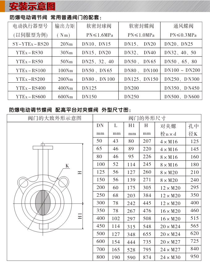 防爆電動蝶閥,YTEx-RS防爆電動調節蝶閥安裝示意圖