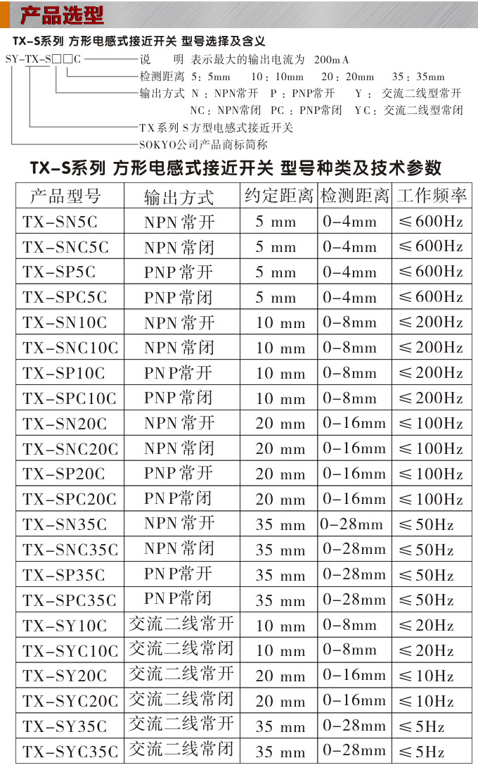電感式接近開關,TX-S方型接近開關產品選型 電感式接近開關,TX-S方型接近開關產品選型